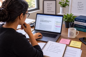 Researcher reviewing a manuscript before journal submission