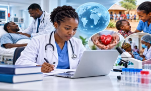 Medical researcher reviewing health and medical research for journal publication