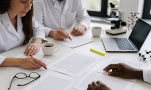 Academic researchers reviewing a scientific manuscript as part of the scholarly peer-review process.